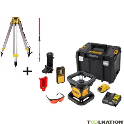 DeWalt DCE074D1R-SET 18V 2.0Ah Li-Ion W pełni automatyczny obrotowy czerwony laser (wewnętrzny) + DE0737 Laska pomiarowa + DE0736 Statyw Alu 5/8" - 1