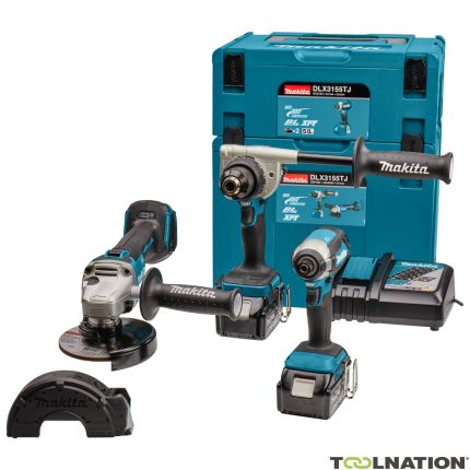 Makita DLX3155TJ Zestaw Combo 18V 5.0Ah Li-Ion wiertarko-wkrętarka, szlifierka, klucz udarowy w Makpac - 1