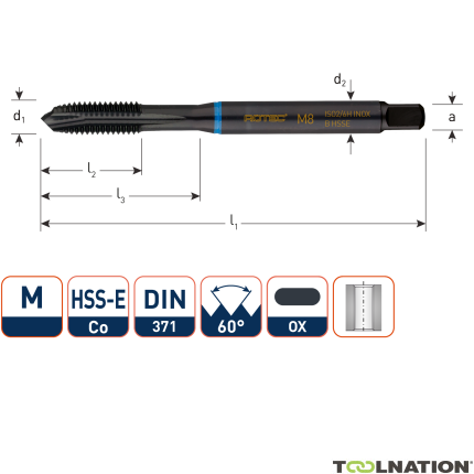 Rotec 331.0800 HSS-E INOX gwintownik maszynowy DL DIN 371B M 8x1,25 VAP - 1
