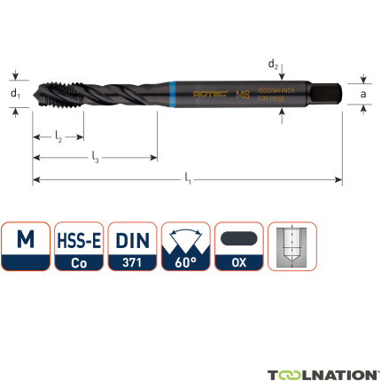 Rotec 331.1000C HSS-E INOX gwintownik maszynowy BL DIN 371C/40° M10x1,5 VAP - 1