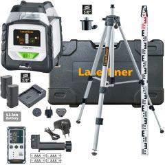 Laserliner 052.555A DuraPlane G360 RX Poziomy 360-stopniowy zielony laser liniowy z odbiornikiem RangeXtender G60, zaciskiem CrossGrip, statywem 175cm i drążkiem poziomującym 3m