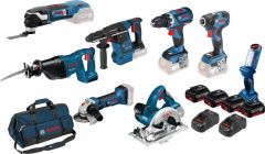 Bosch Professional 0615990K9H Zestaw 18V: 7 urządzeń + Lampa budowlana + 4 akumulatory + 2 ładowarki + torba