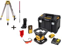 DeWalt DCE074D1R-SET 18V 2.0Ah Li-Ion W pełni automatyczny obrotowy czerwony laser (wewnętrzny) + DE0737 Laska pomiarowa + DE0736 Statyw Alu 5/8"